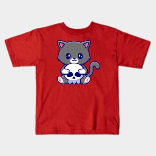 Cute Cat Holding Skull Bone Cartoon Kids T-Shirt